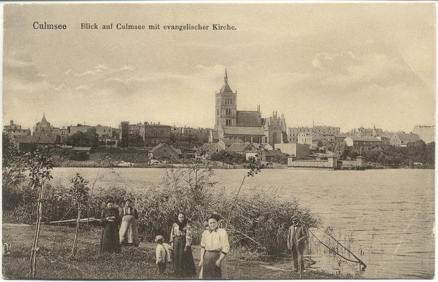 1914 Blick auf Culmsee mit evangelischer Kirche, view onto Protestant church at lake's shore